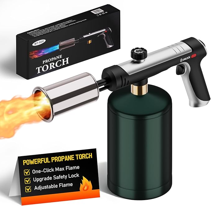 Siasky Propane Torch with One-Click Max Fire, Flame Thrower Gun Charcoal Lighter with a Safety Lock, Kitchen Blow Torch for Cooking, BBQ, Sous Vide, Grill (Tank Not Included)