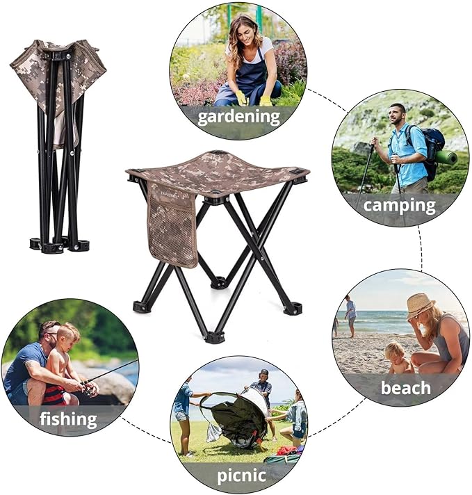 Triple Tree 1 Pack Folding Camping Stool, 13.8 Inch Small Portable Lightweight Stool with Side Pocket, Foot Stool with Carry Bag for Hiking, Fishing and Beach, Hold up to 400lbs, Camouflage