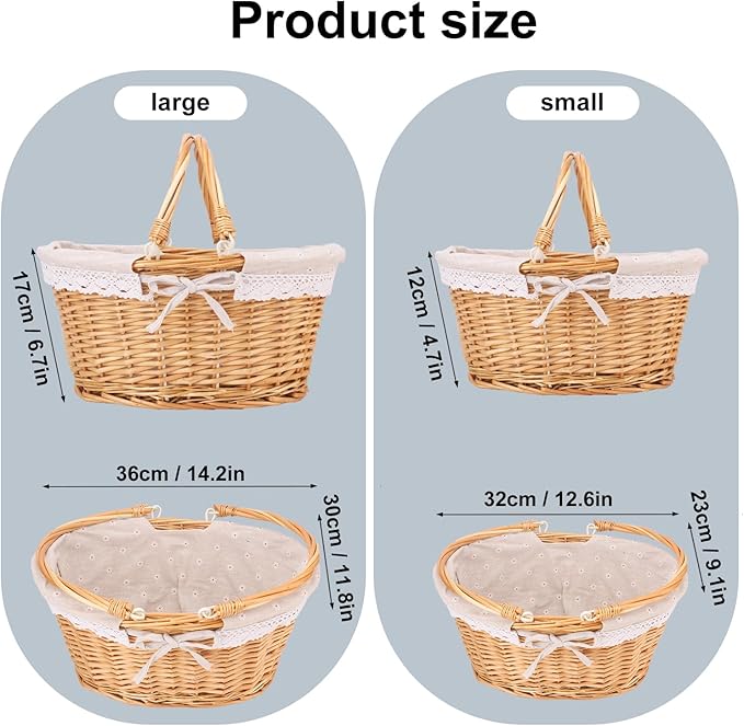 2 Pack Natural Wicker Basket with Linen Lining, 14 & 12 Inch Wicker Woven Picnic Basket with Handle for Picnic, Camping, Outdoor Party