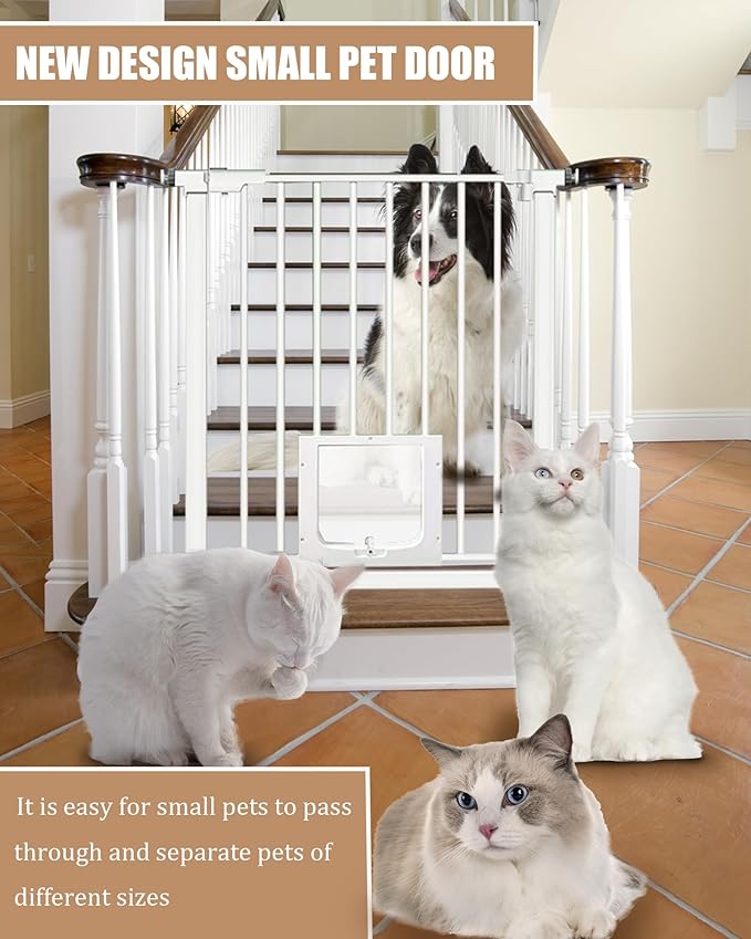 White Extra Wide Baby Gate with Pet Door Automatic Closing 29.5 to 46 Inches Adjustable Pressure Mounted for Doorway Stairs Includes 4 Wall Cups and 3 Extensions Pet Gate Baby Gate Dog Gate Cat Gate