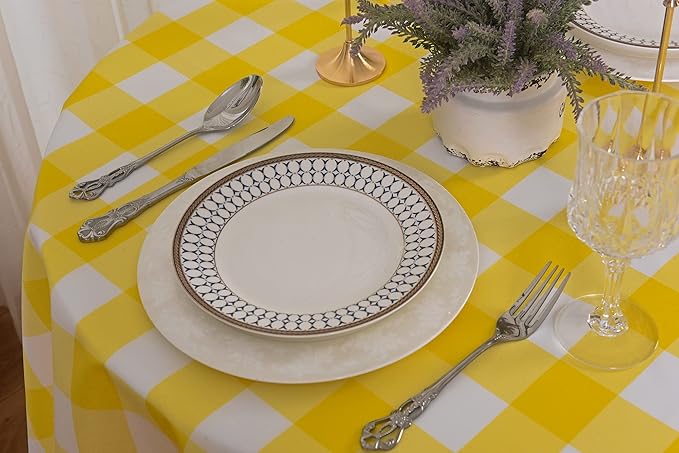 2 Pack Waterproof Polyester Fabic Round Checkered Tablecloth，60 Outdoor Table Cloth，Oil Stain Prevention Table Cloth for Pinics and Parties（Yellow and White）