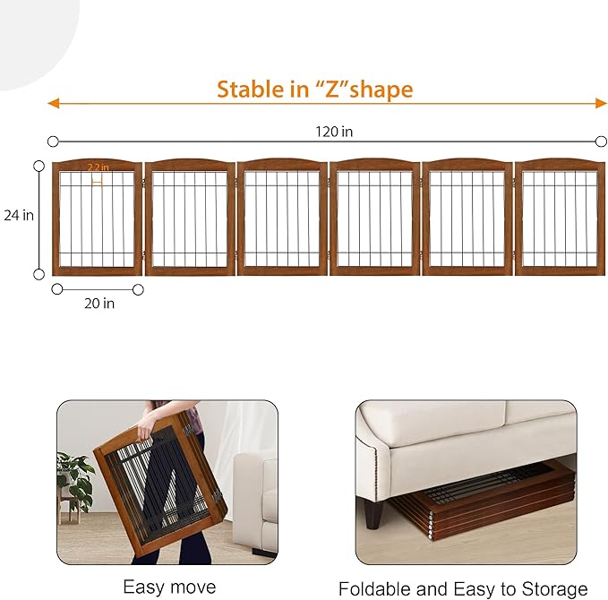 LZRS 6-Panel Extra Wide Wooden Freestanding Dog Gate: Foldable Solid Wood and Steel Wire Chew Resistant Safety Barrier for Doorways, Stairs, and Open Long Spaces Indoor Use, Cherry