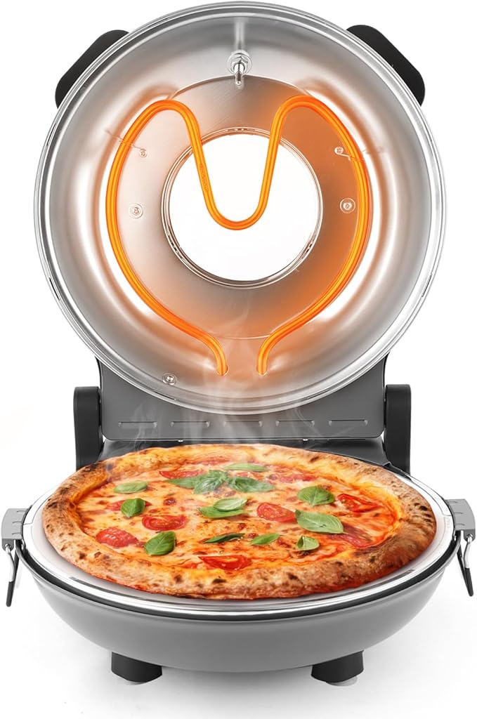 KLAIF 12" Electric Countertop Pizza Oven Indoor With Ceramic Stone, Dual Adjustable Temperature Controls, Includes 4 Pizza Tools, LMR-Gray