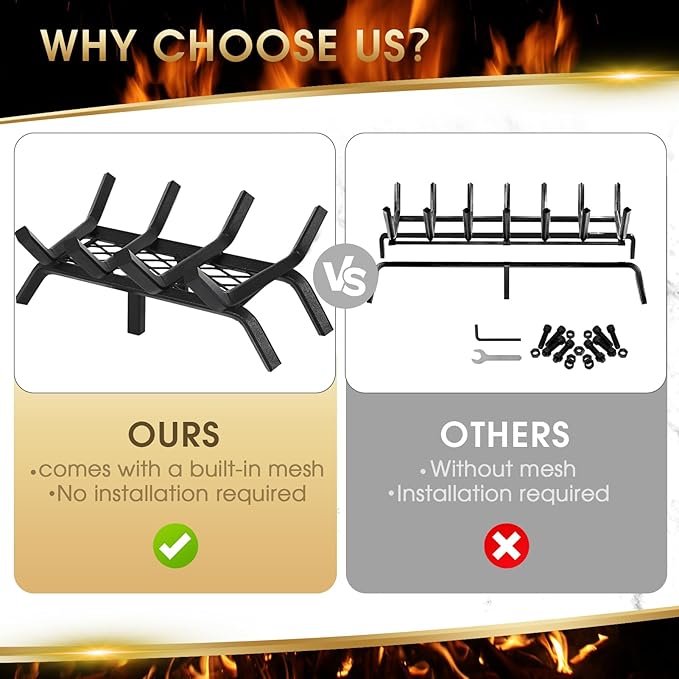 Fireplace Grate 17 "Heavy Duty with Ember Retainer, 1/2” Bar Fire Log Grate for Inside Fireplace, Fireplace Assectories, Chimney Hearth Wood Stove Burning Rack Holder,Wood Stove Grate for Outdoor