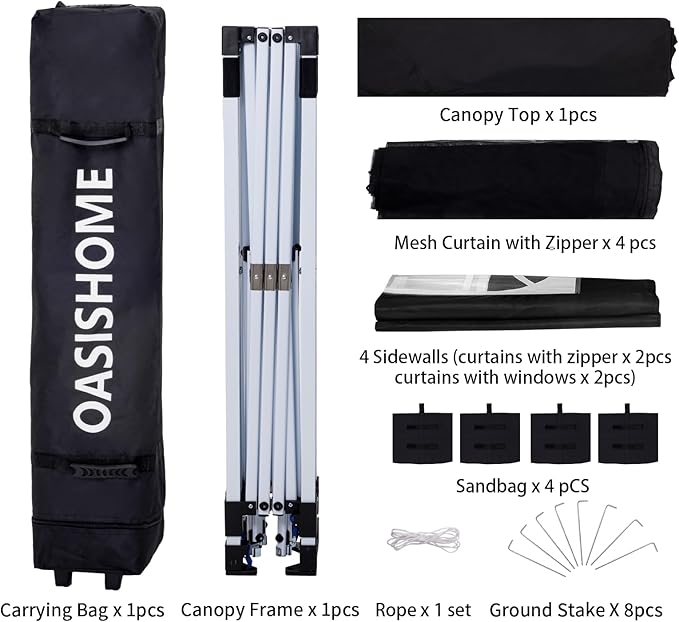 OASISHOME Pop-up Gazebo Instant Portable Canopy Tent 10'x10', with 2 Styles Sidewalls,Netting, Windows, Wheeled Bag, for Patio/Outdoor/Wedding Parties and Events