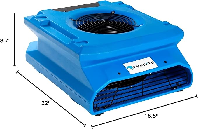 MOUNTO 1/4 HP 1200 CFM Low Profile Air Mover, 2-Speed Carpet Dryer Floor Fan with Dual GFCI Outlets, Stackable Lightweight Blower for Water Damage Restoration (Blue)