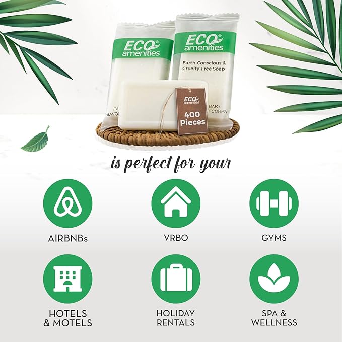 ECO Amenities Travel Size Bar Soap - 400 PACK, 0.5 oz Mini Soap Bars, Hotel Soap Bars, Travel Size Toiletries - Individually Wrapped Bulk Soap Bar, Small Hotel Soaps for BNBs, VRBO, Inns and Hotels