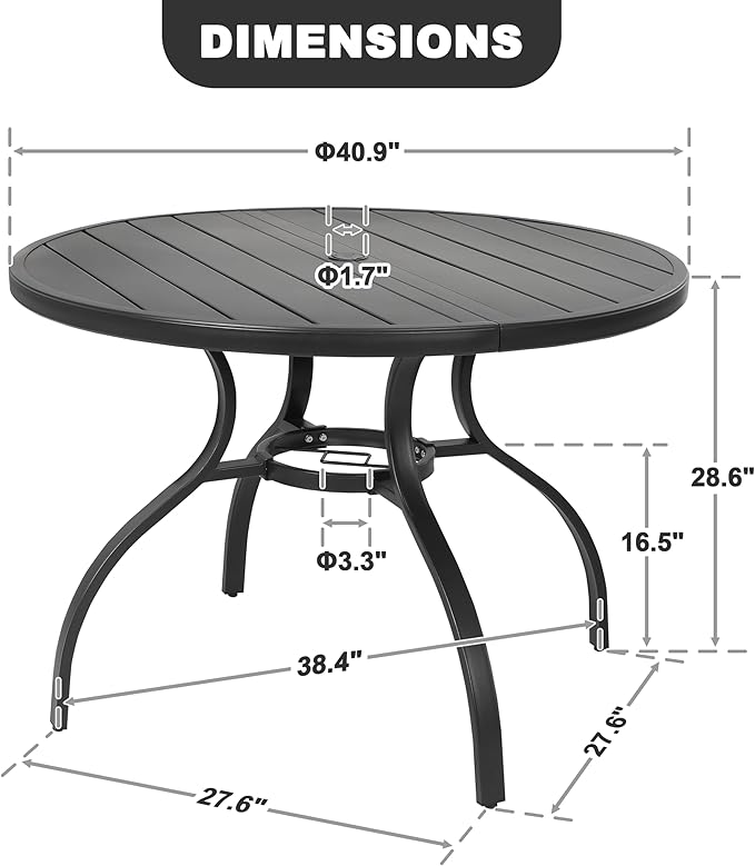 NUU GARDEN 41" Round Metal Outdoor Patio Dining Table for 4, All-Weather Slatted Outdoor Table with 1.57" Umbrella Hole and Adjustable Feet for Lawn Garden Backyard, Black
