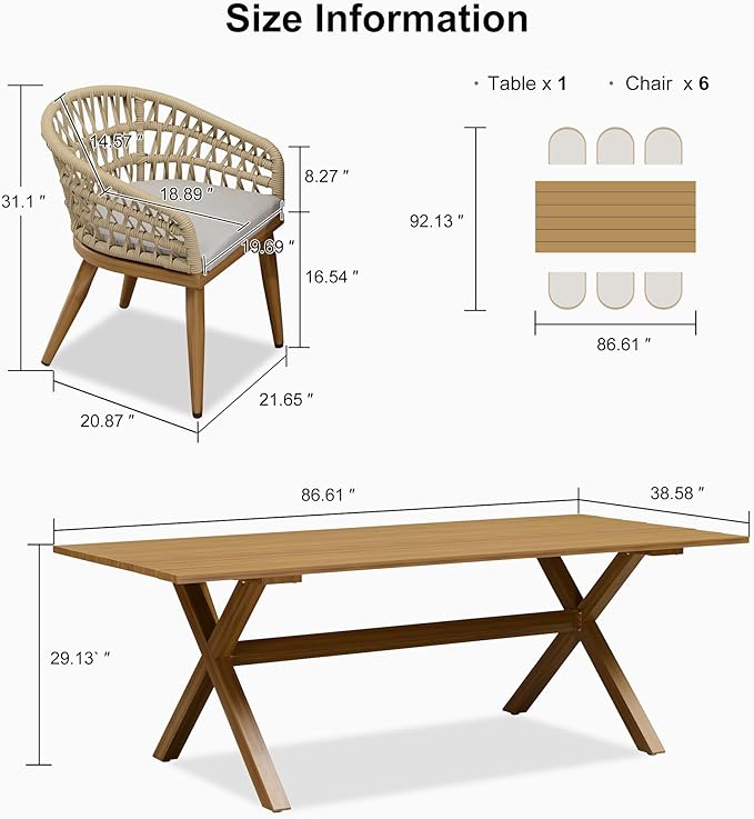 PURPLE LEAF Outdoor Patio Dining Sets All-Weather PE Rattan Patio Furniture Set with All Aluminum Frame Rectangular Table and Chairs 7 Pieces Set for Lawn Garden Backyard Deck, Teak