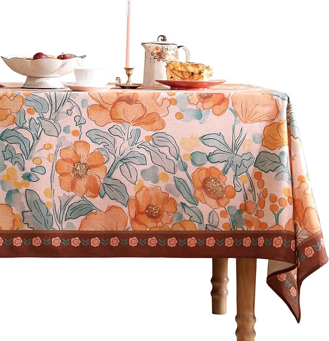 Vintage Linen Extra Long Rectangle Tablecloth,Italian Orange Floral Wrinkle Resistan Table Cloth,Decor Table Cover for Kitchen,Dining,Thanksgiving,Christmas,67"*118"-Positano
