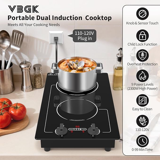 VBGK Induction Cooktop,110V 2300W 2 burner hot plate with Knob Control,9 Power Levels, Kids Lock & Timer,LED touch control,Overheat Protection Electric stove,2 burner induction cooktop