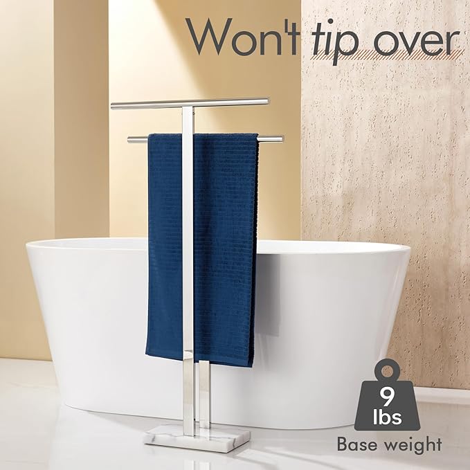 KOKOSIRI Floor Stand Towel Rack for Bathroom 2-Tier Free Standing Towel Holder with Heavy Marble Base Thicken Steady Design Polished Chrome Stainless Steel THS0005-CH