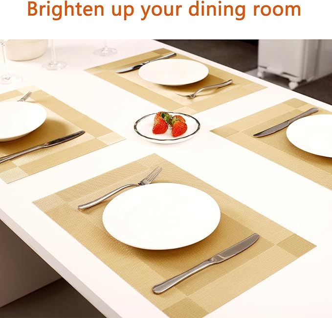 Placemats Set of 6 Washable&Wipeable Place mats for Dining Table Kitchen Indoor Outdoor Table Mats Heat Resistant Non Slip Woven Vinyl Table Placemats (Gold，6PCS)