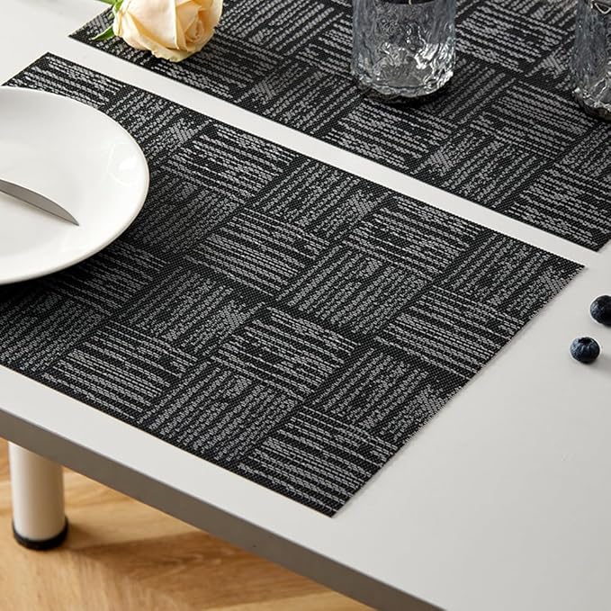 Black Placemats Set of 6, Plastic Vinyl 18" x 12" Place Mats for Dinner Table, No-Slip Wipeable Table Mats Daily Use Patio Kitchen Decoration