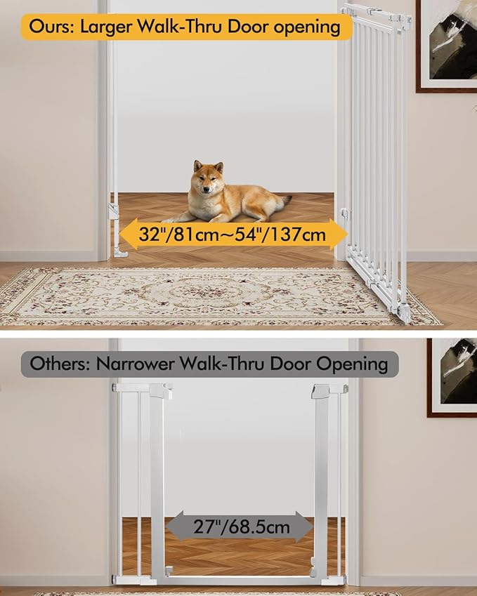 Baby Gate for Stairs Doorways & Kitchen, Extra Wide 32"-54" W x 39" H Extra Tall, No Bottom Bar Dog Gate, One-Handed Auto-Close, Hardware Mount Safety Gate for Dogs & Toddlers, White
