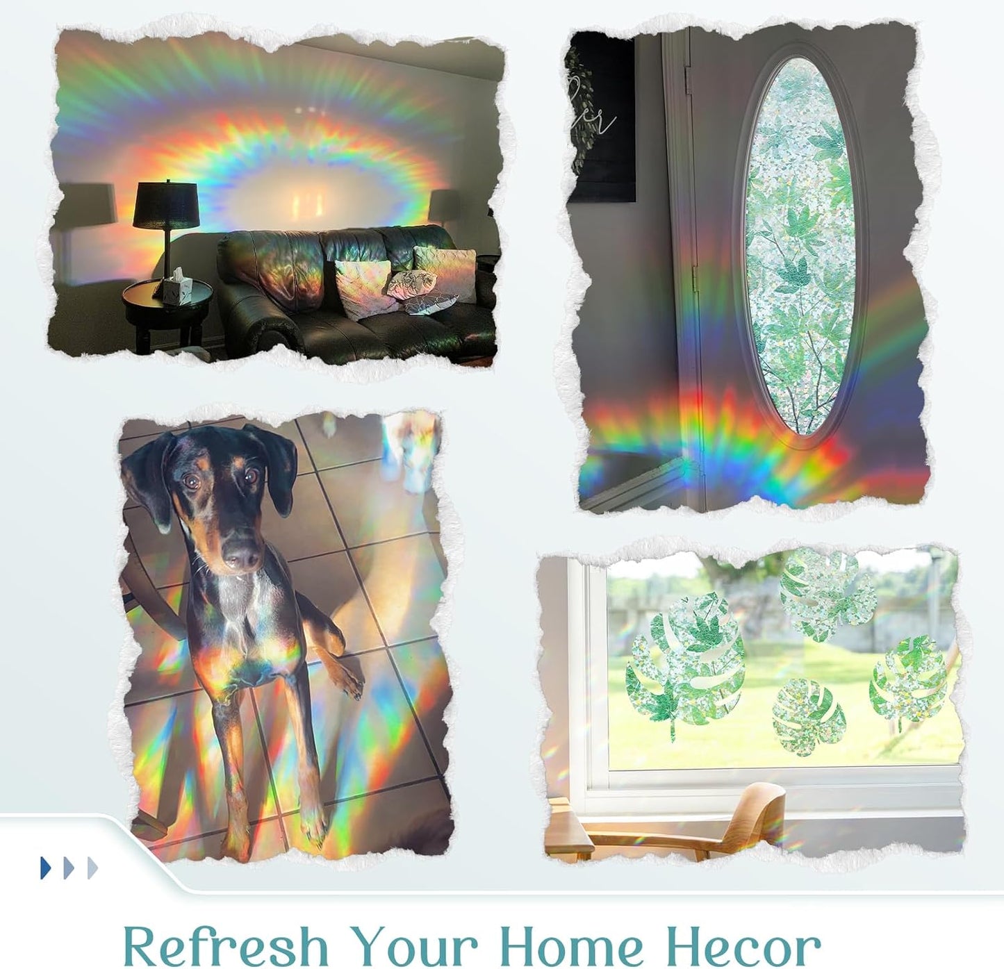 Haton Window Privacy Film, Decorative Stained Glass Window Clings, 3D UV Sun Blocking Sticker, Removable Static Cling Heat Control Tint for Home Door, Leaf Rainbow, 17.5" x 157.4" Non-Adhesive