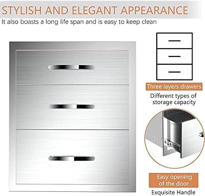 Stainless Steel Outdoor Kitchen 3-Drawer BBQ Drawer - Built-in, Flush Mount - 16Wx23Dx21H