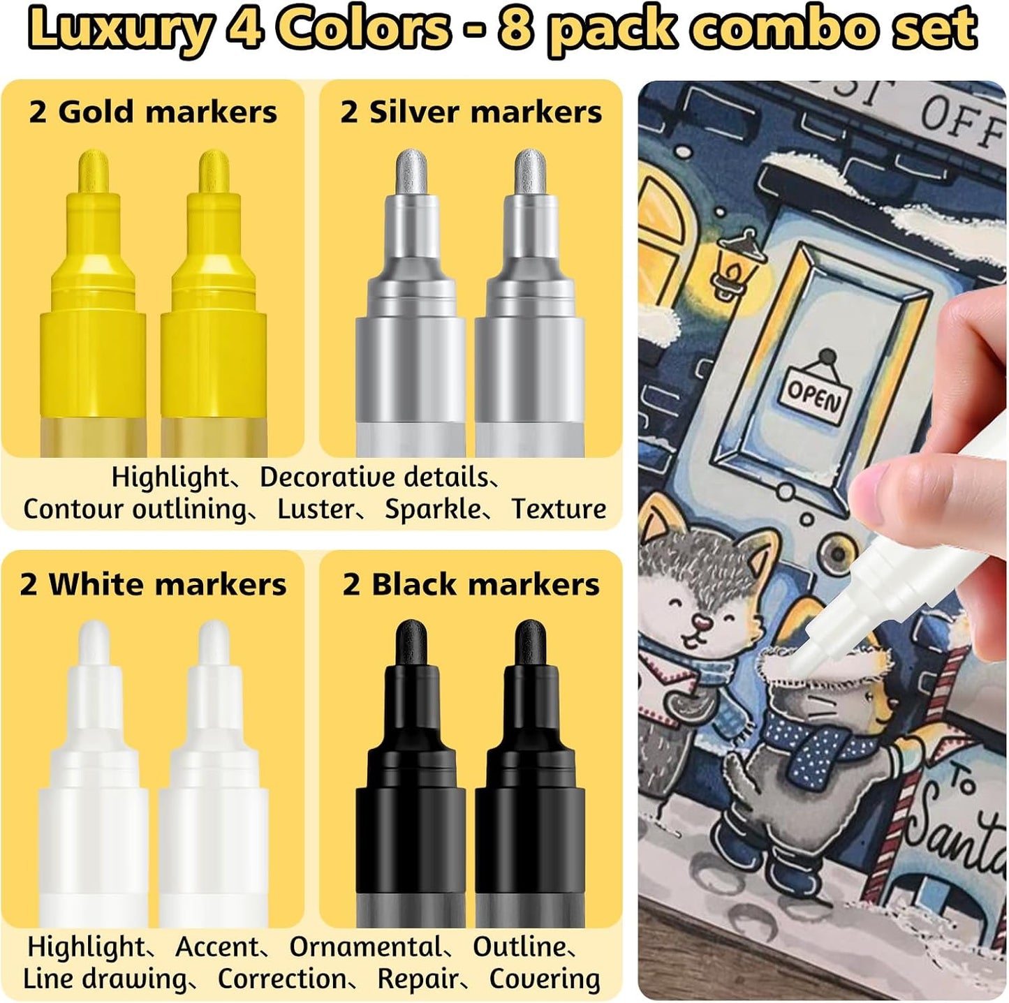 SFAIH Paint Markers Pens - 4 Colors 8 Pack Ultra-High Coverage Acrylic Paint Pens for Rock, Paper, Wood, Fabric, Glass, Metal, Ceramic, Painting, DIY Art Projects, Crafts, Large Capacity Permanent Ink