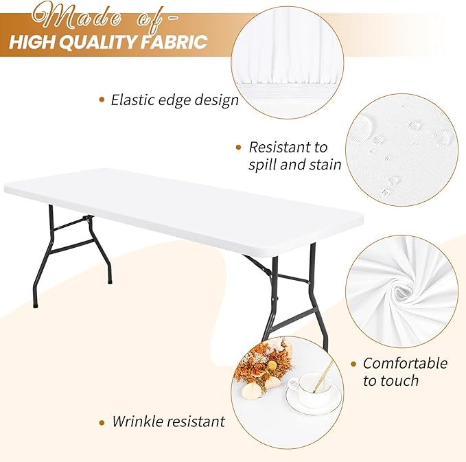 10 Pack Stretch Fabric Table Top Cap Cover, fits 8Ft Tables, Spandex Table Covers Washable Elastic Universal Rectangle Tablecloth Protector for Indoor Outdoor Party Picnic Wedding, White,30" W x 96" L