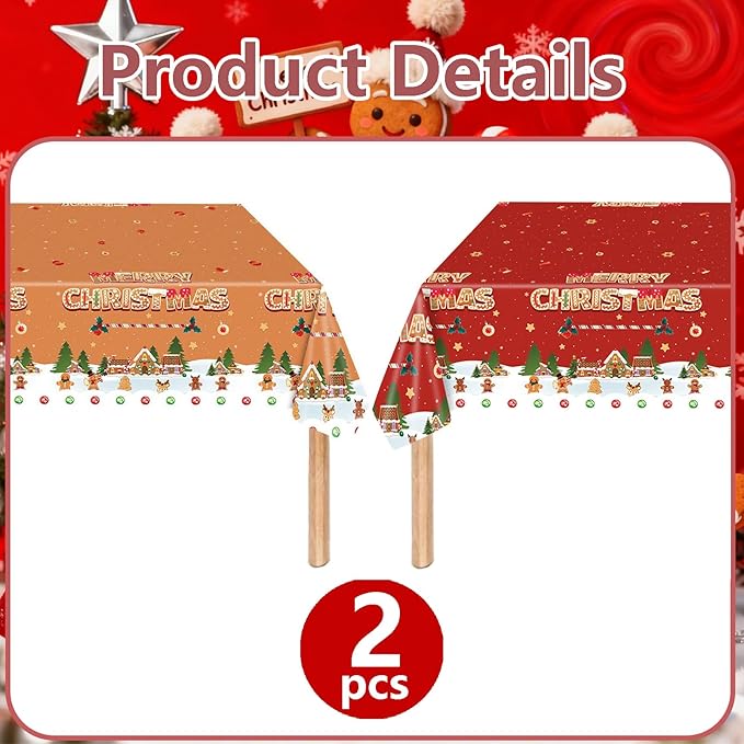Merry Christmas Party Table Cloth Decorations Red Orange Gingerbread Plastic Xmas Tablecloths - 54x108inch Snowflake Christmas Tree Disposable Table Cover for Holiday Indoor Outside Home