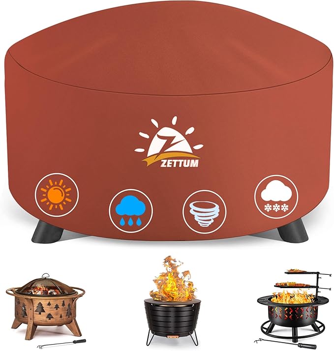 Zettum Fire Pit Cover Round 44 Inch - Outdoor Firepit Cover Heavy Duty & Waterproof, 600D Patio Fire Table Covers Gas Fire Pit Accessories Fade & Weather Resistant Brown - 44 x 44 x 24 Inch