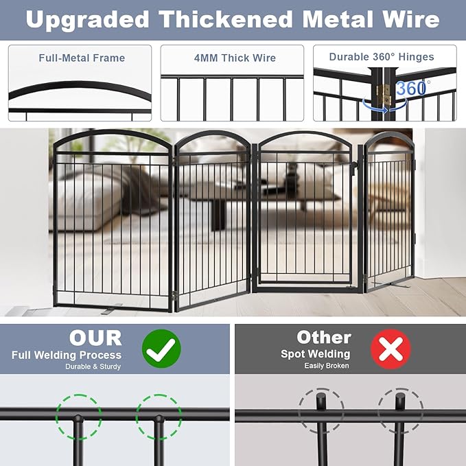 Full Metal Free Standing Dog Gate with Door for Outdoor Indoor,96'' Extra Wide 36'' Tall Dog Gates for Doorways,Large Openings,Decks,Porch,Freestanding Portable Pet Fence(4 Panels,Black)