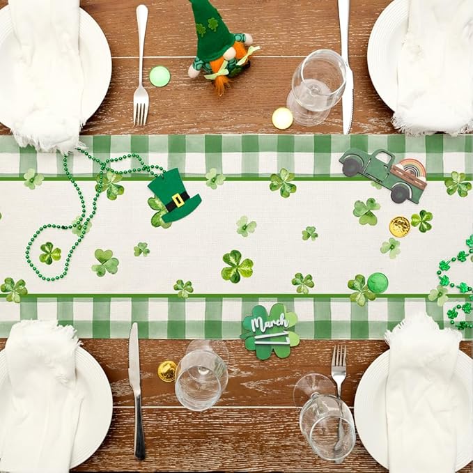 GEEORY St. Patrick's Day Table Runner 13 x 108 Inch, Shamrocks Plaid Mason Jar Decorative Holiday Table Decoration for Kitchen Dinning, Indoor Outdoor Dinner Party Décor GT142-108