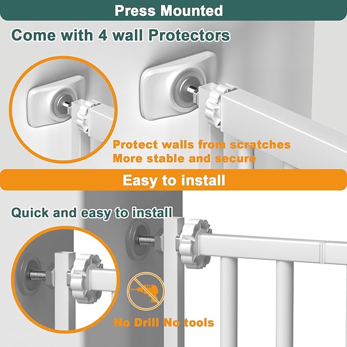 40.55" Tall 1.37" Ultra Narrow Spacing Dogs Pets Baby Gate for Doorway Hallway Safety Proof Indoor 45.86-53.74" Extra Wide Puppy Pressure Mounted No Drill Walk Through White Metal