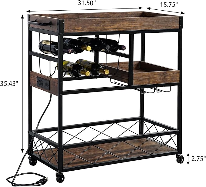 Bar Cart with Power Outlet, Industrial Kitchen Serving Cart with Wine Rack & Glass Holder, Coffee Bar Table Station with Storage, Rolling Cart on Wheels with 59IN Cord, Brown