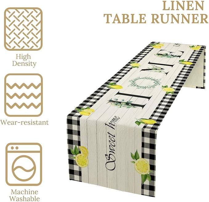 Lemon Fruit Home Table Runner,Vintage Farmhouse Rustic Black White Buffalo Plaid Dining Table Decoration for Home Holiday Party Dresser Kitchen Cabin Restaurant Wedding Decor 13×108in