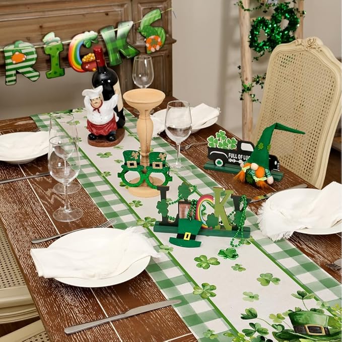 GEEORY St. Patrick's Day Table Runner 13 x 60 Inch, Shamrocks Plaid Mason Jar Decorative Holiday Table Decoration for Kitchen Dinning, Indoor Outdoor Dinner Party Décor GT142-60