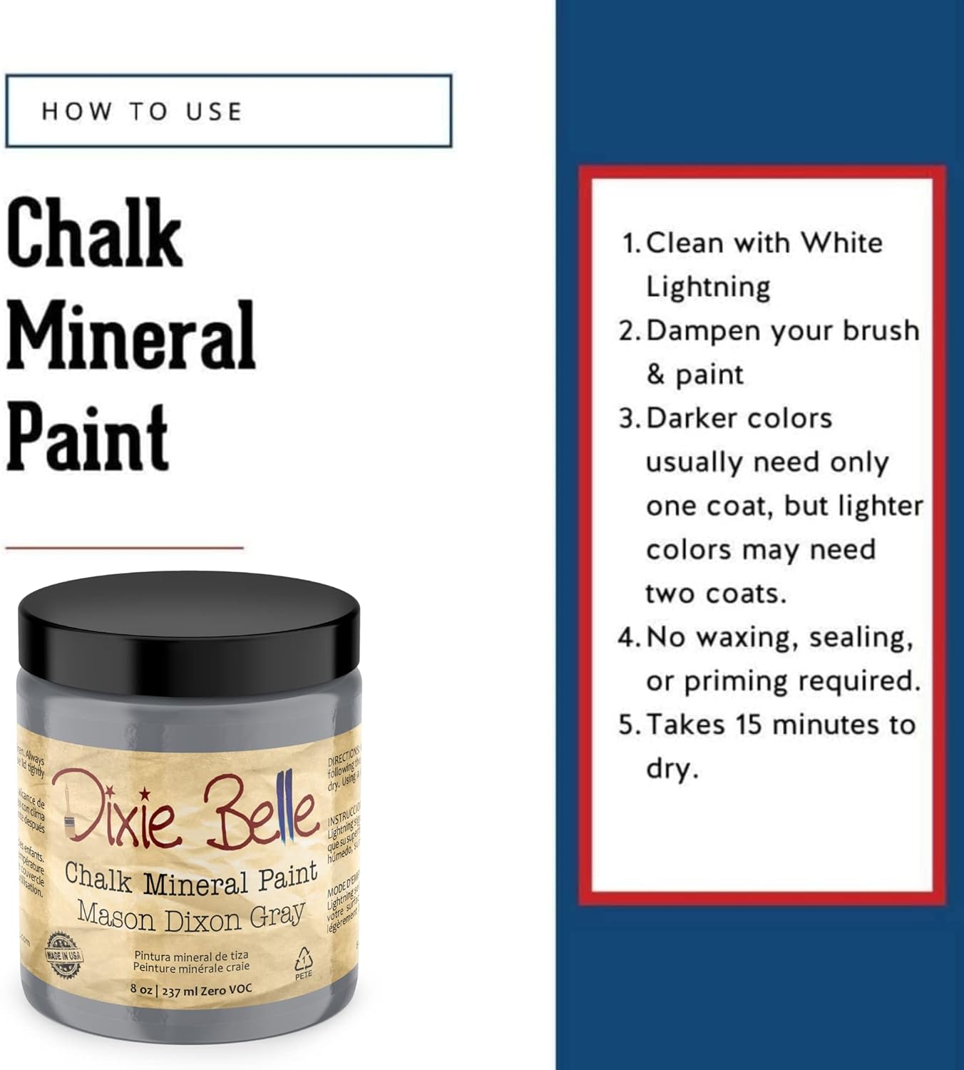 Dixie Belle Paint Company Chalk Finish Furniture Paint - Mason Dixon Gray (8oz) - Matte Charcoal Gray Chic Chalk Mineral DIY Furniture Paint