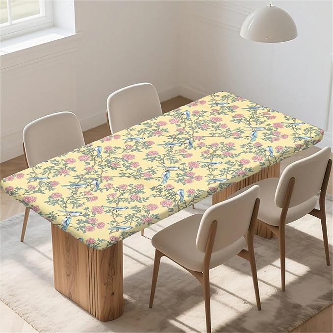 Rectangle Table Cloth Cover Waterproof Elastic Fitted Polyester Fitted Tablecloths for 6 Foot Tables for Indoor,Picnic, Camping, Outdoor （72" x 30"，Bird）