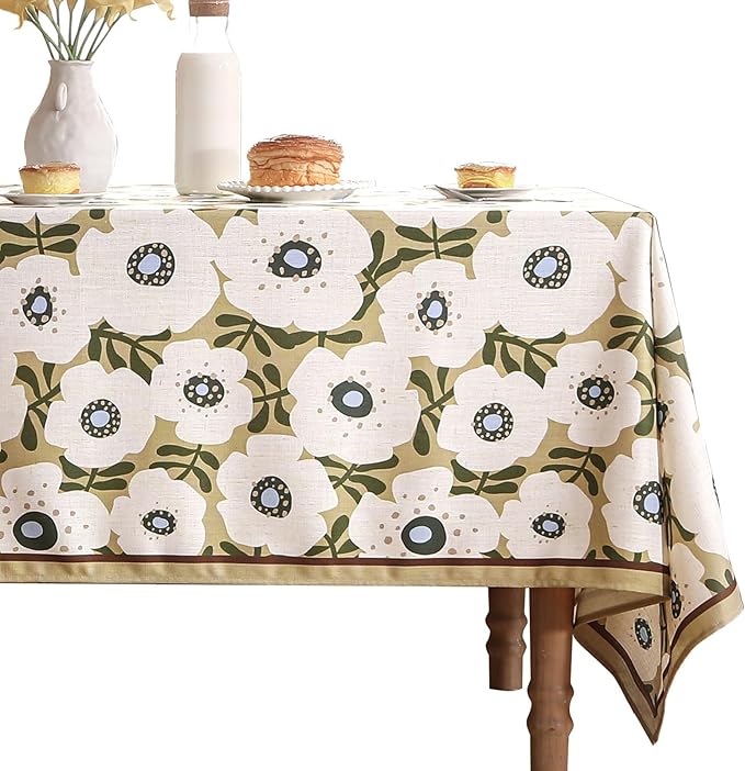 Designer Vintage Rectangular Tablecloth,Linen French Extra Long Tablecloth with White Floral Pattern,Decor Table Cover for Kitchen,Dining,Thanksgiving,Party,63" × 110"-Hidaka