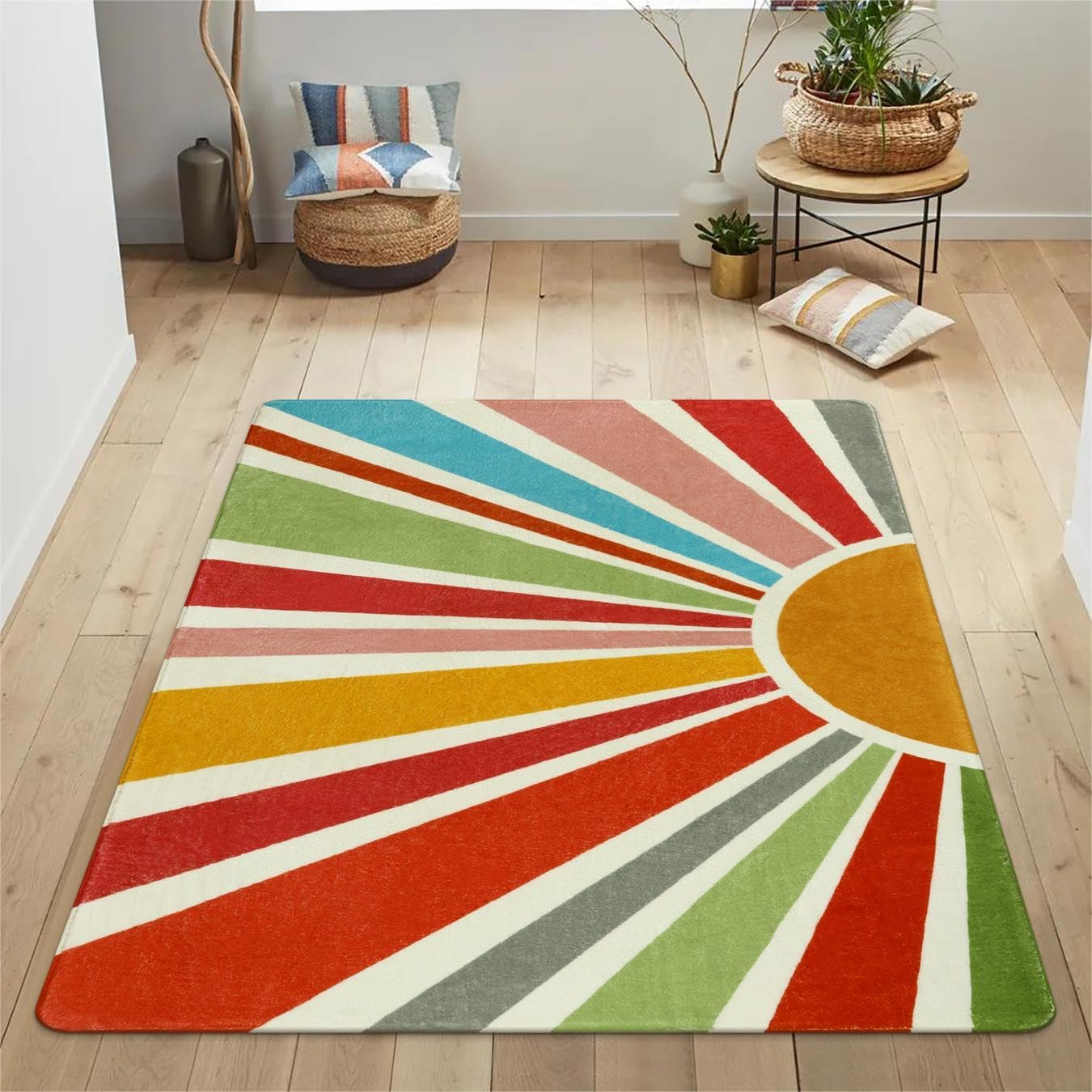 STARUIA Boho Washable Rug 4'x6' Kids Area Rug for Playroom, Non-Slip Kids Rug for Bedroom, Rainbow Modern Sun Carpet Soft Throw Sunshine Rugs for Office Nursery Entryway Dorm