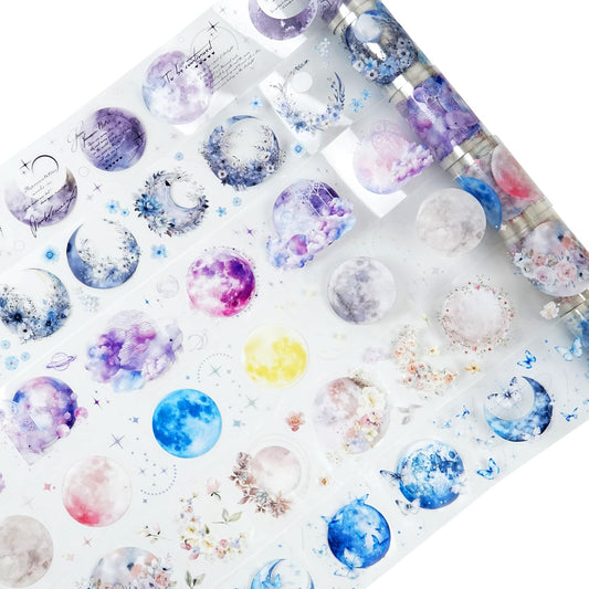 6 Rolls Moon Flower PET Tape Set, Pre-Cut Aesthetic Stickers for Journaling, Scrapbooking, and DIY Crafts, with Decorative Clip