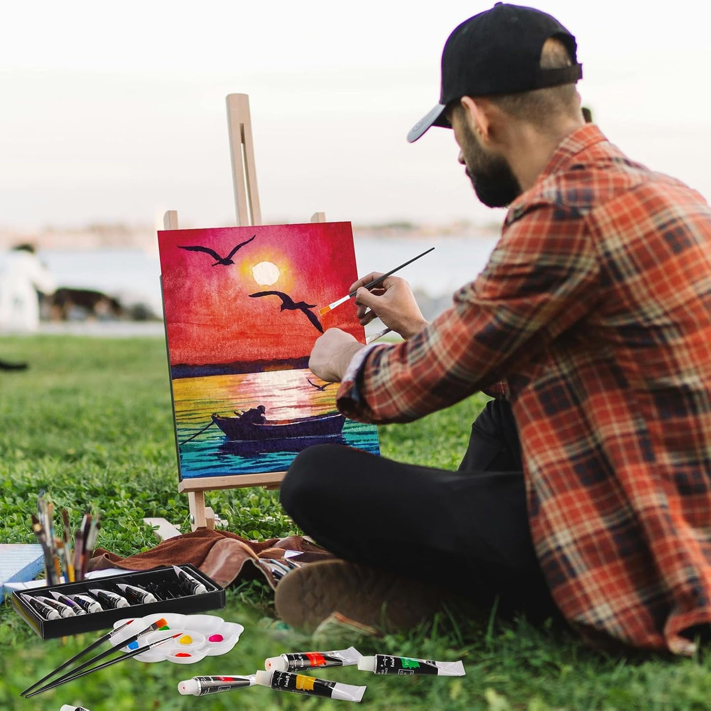 Cholemy 36 Pcs Paint and Sip Kit for Adults 8''x10'' Pre Drawn Canvas for Painting DIY Afro Acrylic Painting Kit Wood Easel Brushes Date Night Bulk for Christmas Party Gifts(Mountain)