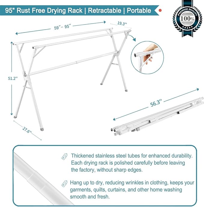 JAUREE 95 Inches Clothes Drying Rack, Drying Rack Clothing Folding Indoor Outdoor, Heavy Duty Stainless Steel Laundry Drying Rack, Foldable Portable Clothes Rack Garment Rack with 20 Hooks White