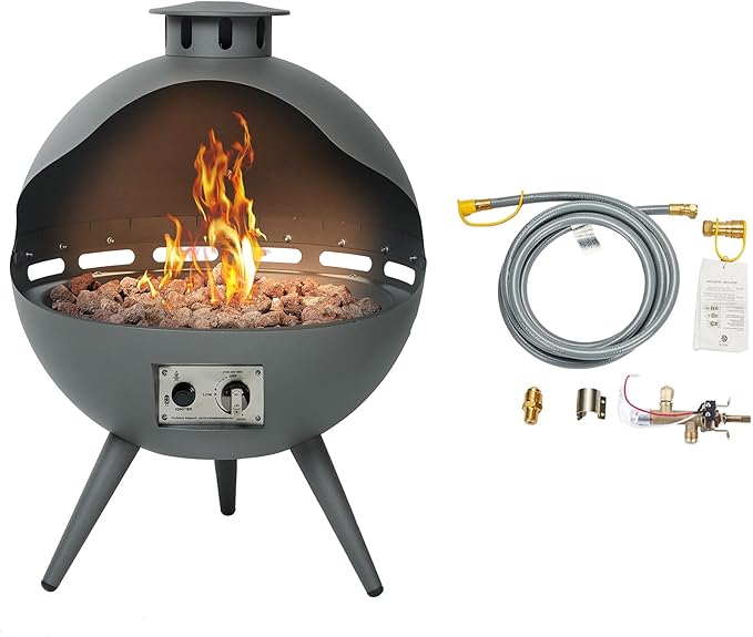 24-Inch Chimenea Propane Fire Pit with Natural Gas Conversion Kit, 55,000 BTU Gas Fire Pit, Hemispherical 3-Legged Firepit with Lava Rocks and Rain Cover, Gray