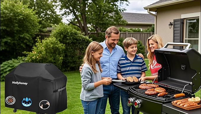 Grill Cover for Outdoor Grill,58 Inch,Black–Upgraded Lightweight Material,Waterproof,Weather Resistant,UV & Fade Resistant with Adjustable Straps–BBQ Gas Grill Cover for Weber Genesis,Charbroil,etc