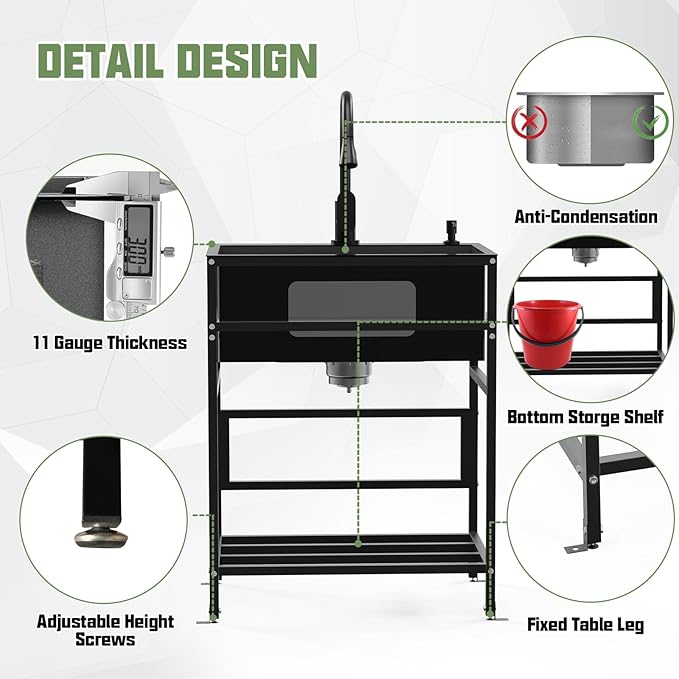 Black utility sink, 25x18 Inch Stainless Steel Freestanding Laundry Sink Practicality With Accessories-Black Faucet,Soap Dispenser, SS Sink Grid, Colander For Laundry,Garage,Outdoor Kitchen,Garden...