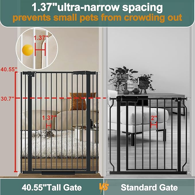 40.55" Tall 1.37" Ultra Narrow Spacing Dogs Pets Baby Gate for Doorway Safety Proof Indoor 61.61-69.48" Extra Wide Puppy Pressure Mounted No Drill Walk Through Black Metal Hallway