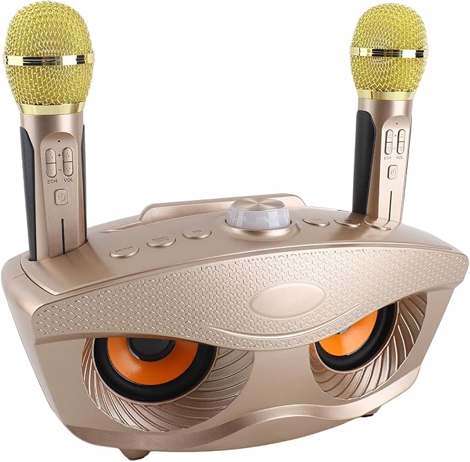 Speaker, KTV Karaoke Speaker with 2 Microphones for Home Party, 3000mAh Battery 10M Wireless Connection AUX Input USB Support (Gold)