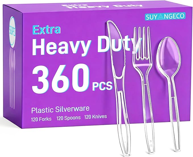 360 Count Clear Plastic Forks Spoons Knives Bulk Heavy Duty Plastic Silverware Disposable Cutlery Set Thick Durable Party Utensils for Dinner,Daily Use,Picnic