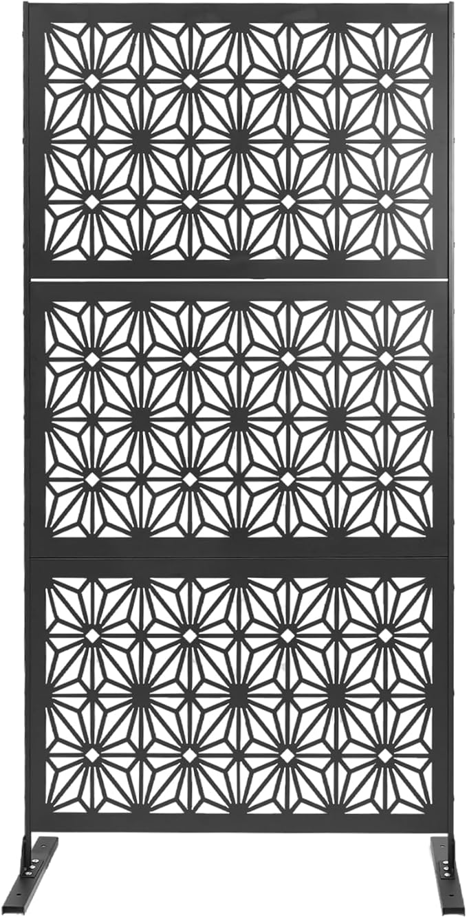 75" H×35" W Decorative Outdoor Privacy Screen with Stand, Outdoor Decor Privacy Fence Screen Metal Fence Panels, Free Standing Metal Divider for Patio Lawn Deck (Black-Snowflake)