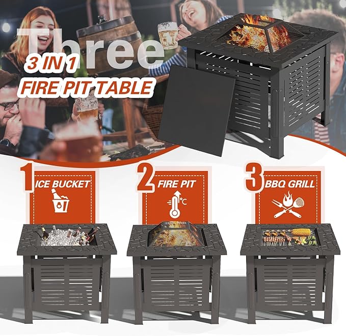 U-MAX Fire Pit Table, 30 Inch Wood Burning BBQ Grill Firepits, Metal Fireplaces with Waterproof Cover, 3 in 1 Fire Pits for Outside Party Barbecue Camping Picnic on Deck Backyard Garden, Black
