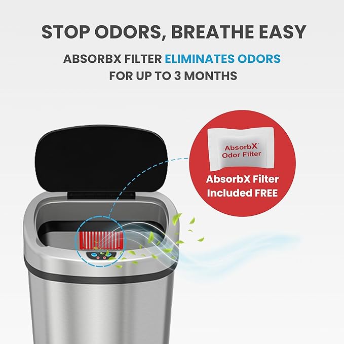 iTouchless 13 Gallon Automatic Sensor Trash Can with AbsorbX Odor Filter, Stainless Steel Kitchen Garbage Bin, Fingerprint-Proof, Hands-Free Operation, Oval