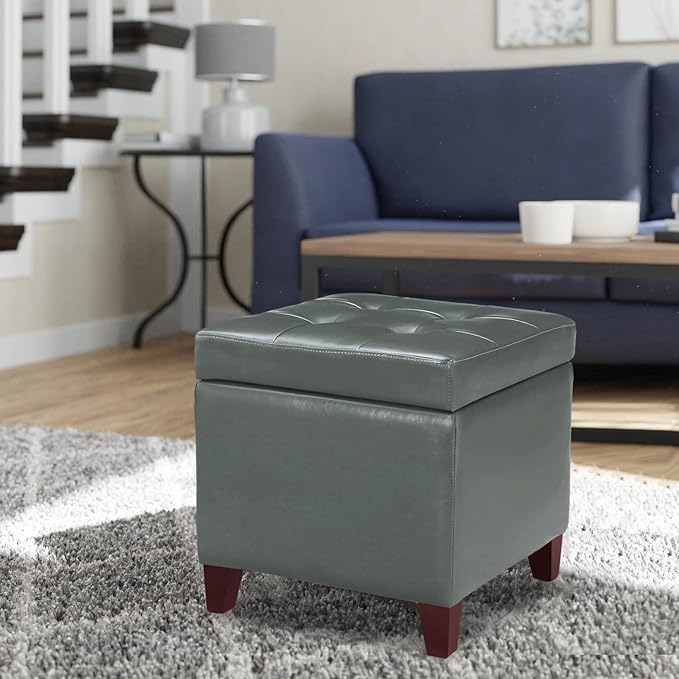 Homebeez Tufted Faux Leather Storage Ottoman Square Cube Foot Rest Stool with Flip Top (Grey)