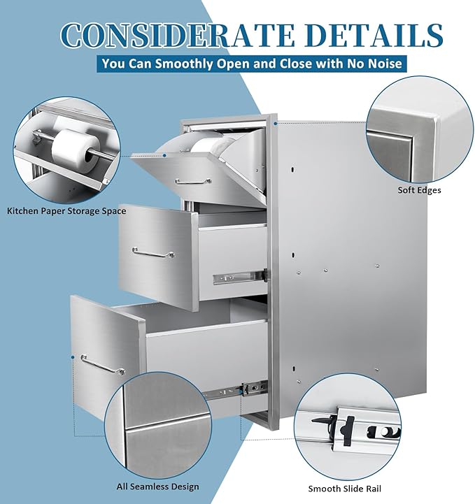 Outdoor Kitchen Drawers with Paper Towel Holder 17"Wx30"Hx20"D Flush Mount Access 3-Drawer BBQ Stainless Steel Drawers with Handle for Outdoor Kitchen Island or Grill Station