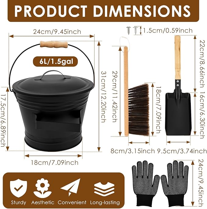 1.5 Gallon Ash Bucket with Lid and Shovel Broom Metal, Fireplace Ash Bucket, Complete Fireplace Tools Set for Fire Pit Grill Black(4 Pcs Set)